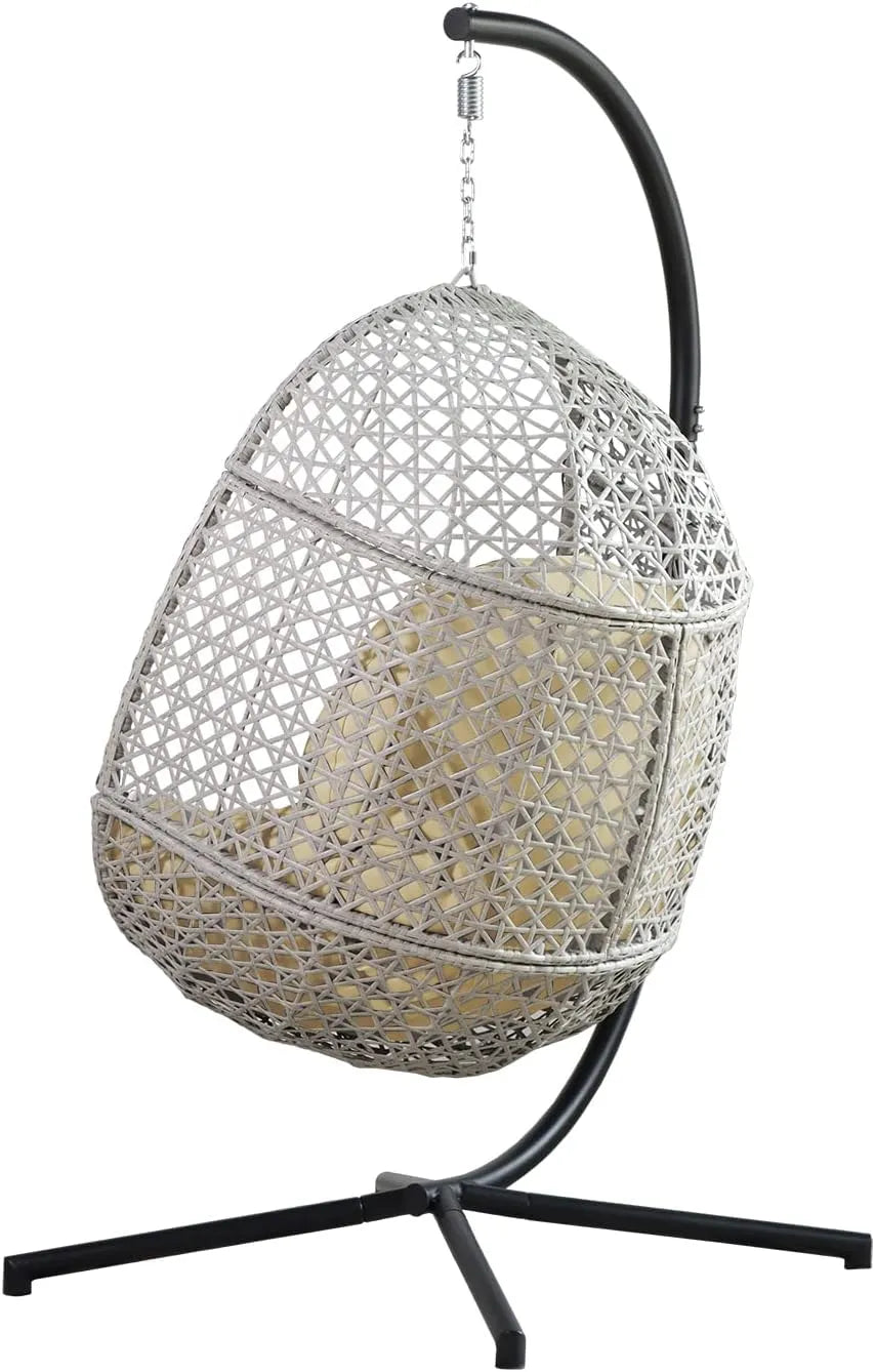 PRIVATE GARDEN Large Hanging Egg Chair with Stand Upgraded Wicker Egg Swing Chair Outdoor Indoor PE Rattan Hanging Chair with Grey Comfort Cushion Heavy Duty C-Stand