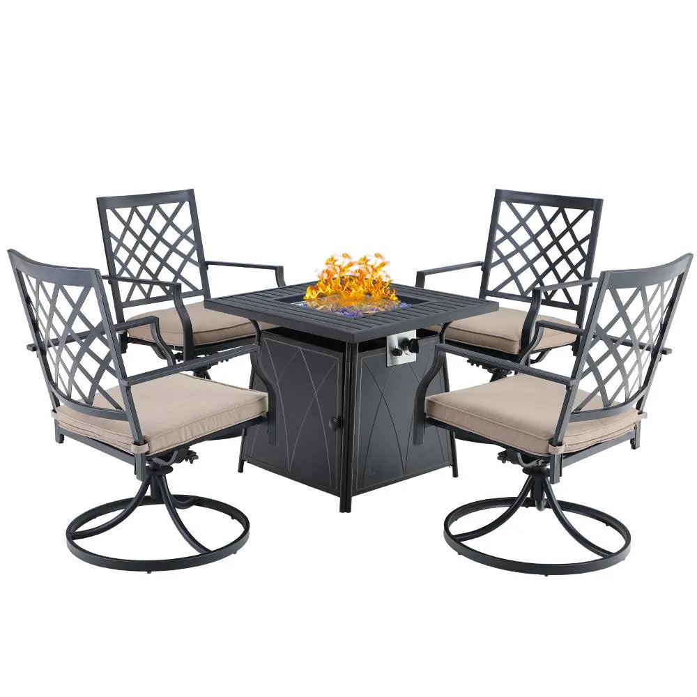 5-Piece Patio Fire Pit Set Steel Swivel Chairs With Cushions & 50,000BTU Square Fire Pit Table