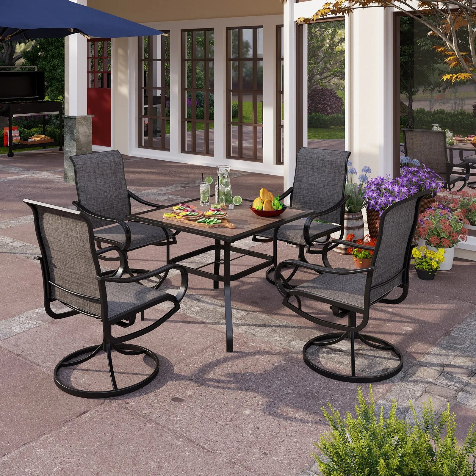 5-Piece Patio Dining Set 4 Textilene Swivel Chairs & Metal Steel Table