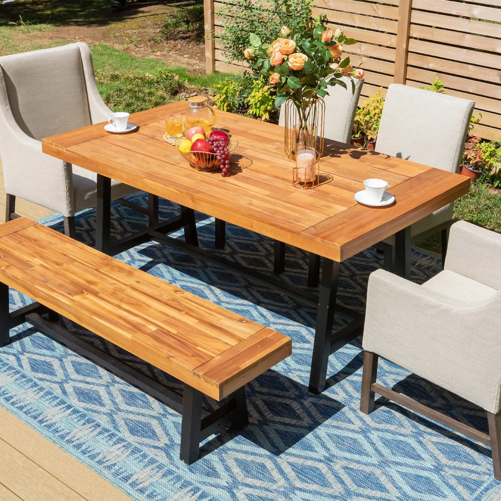 Patio Dining Set with Textilene Chairs/ Acacia Wooden Bench & Acacia Wooden Table