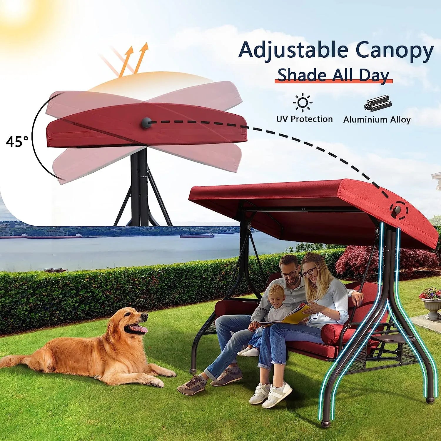 NOBLEMOOD Patio Porch Swing, 3-Seat Outdoor Swing with Adjustable Canopy, Thickened Cushion, Pillow and Foldable Side Tray for Patio, Backyard, Porch Swing Bed for Spring(Khaki)