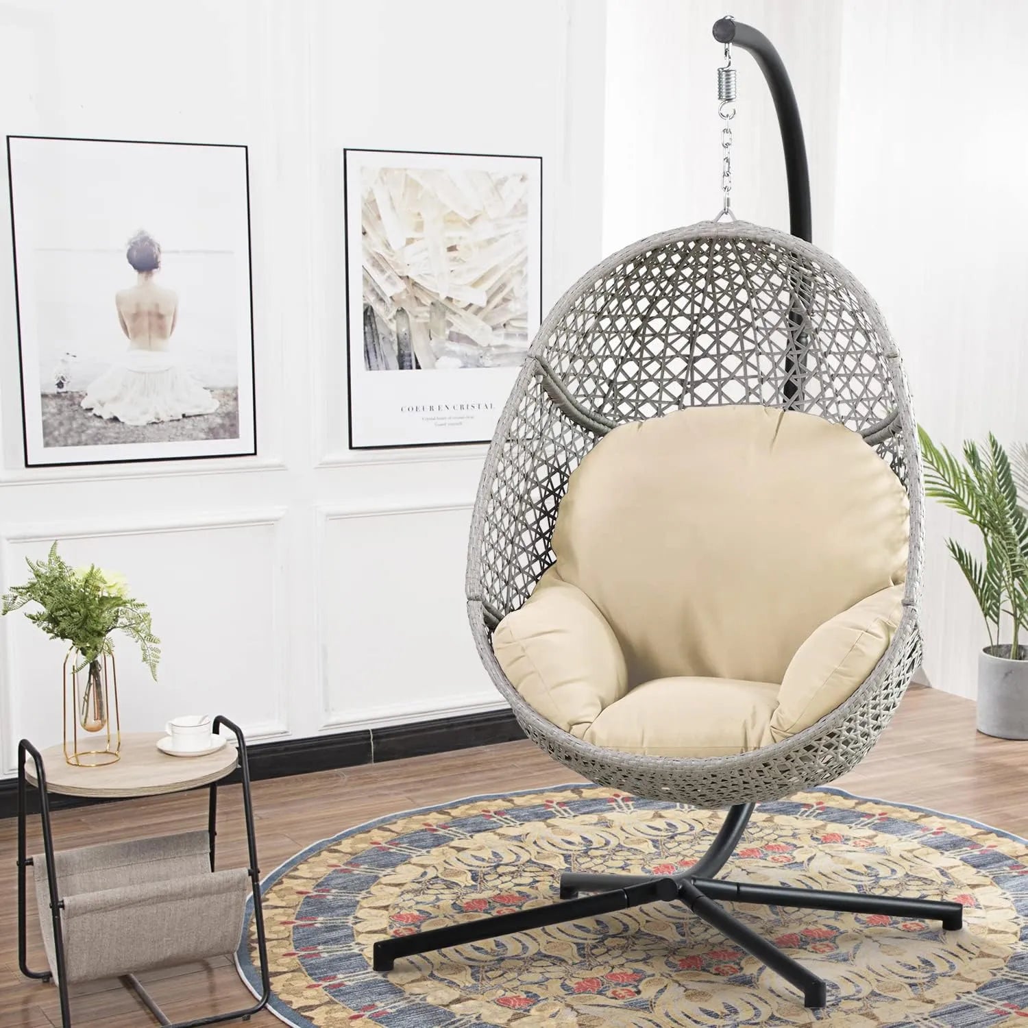 PRIVATE GARDEN Large Hanging Egg Chair with Stand Upgraded Wicker Egg Swing Chair Outdoor Indoor PE Rattan Hanging Chair with Grey Comfort Cushion Heavy Duty C-Stand