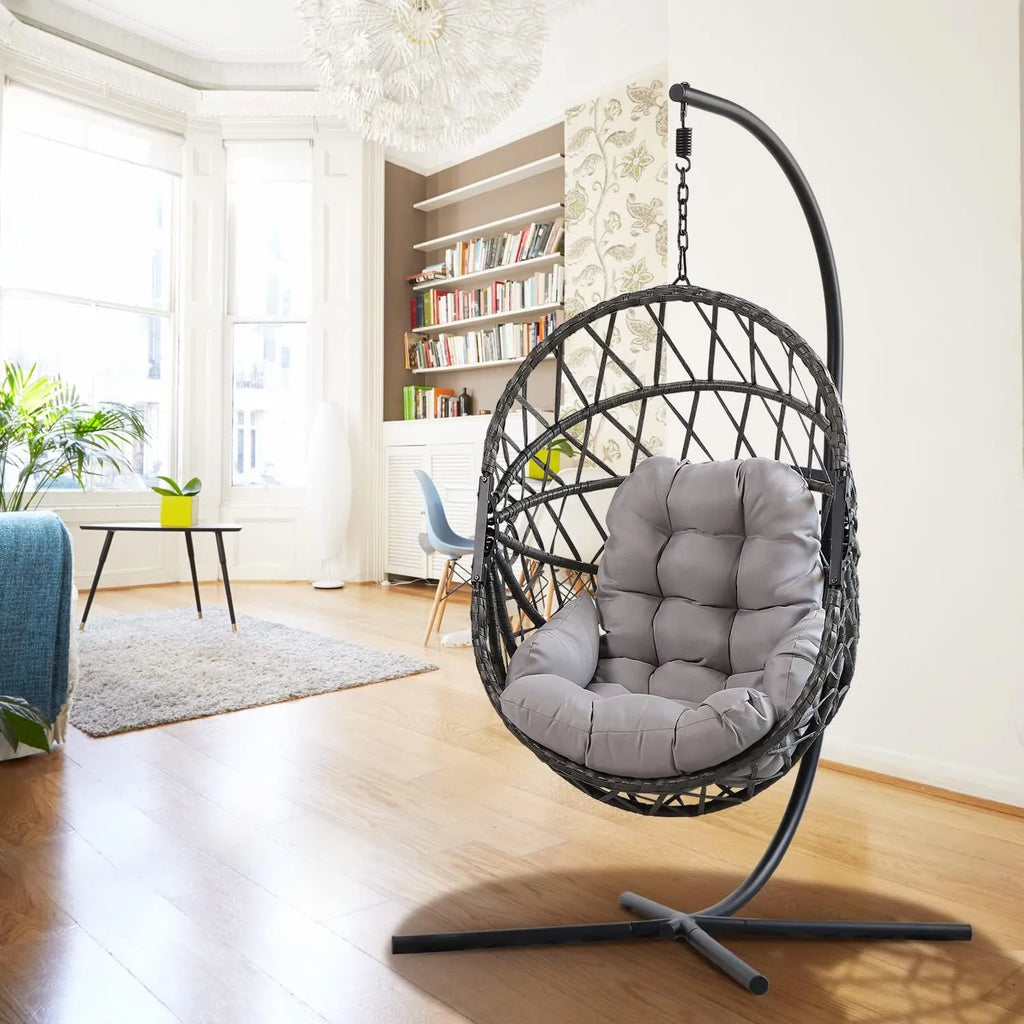 PRIVATE GARDEN Large Hanging Egg Chair with Stand Upgraded Wicker Egg Swing Chair Outdoor Indoor PE Rattan Hanging Chair with Grey Comfort Cushion Heavy Duty C-Stand
