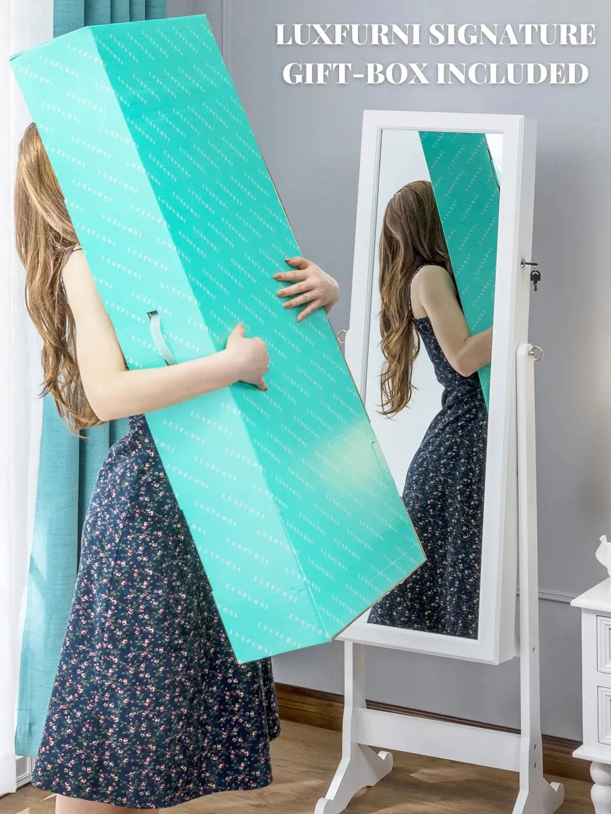 Stella 6 Standing Jewelry Armoire Full Length Mirror With Built-in Lights ?White