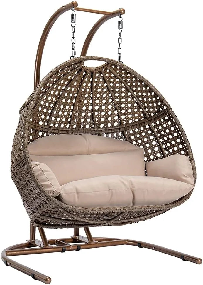 Hanging Egg Chair with Stand, 2 Person Heavy Duty Hanging Wicker Rattan Swing Chair Basket Hammock Nest Chair Seat for Indoor Outdoor Patio Lounger Swinging Loveseat (Beige)