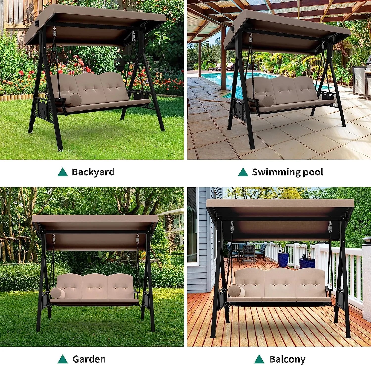 YITAHOME 3-Seat Deluxe Porch Swing Outdoor Heavy Duty Patio Swing Chair with Adjustable Canopy Removable Cushions Weather Resistant Steel Frame Suitable for Garden, Lawn, Backyard, Balcony, Brown