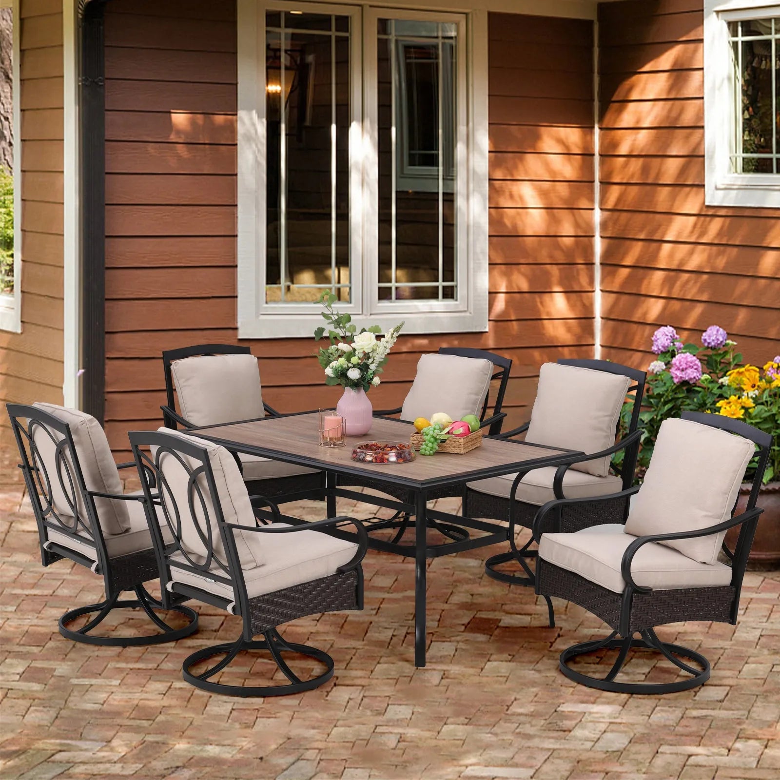 7-Piece Patio Dining Set With 6 Cushioned Steel & Rattan Chairs and Rectangle Table