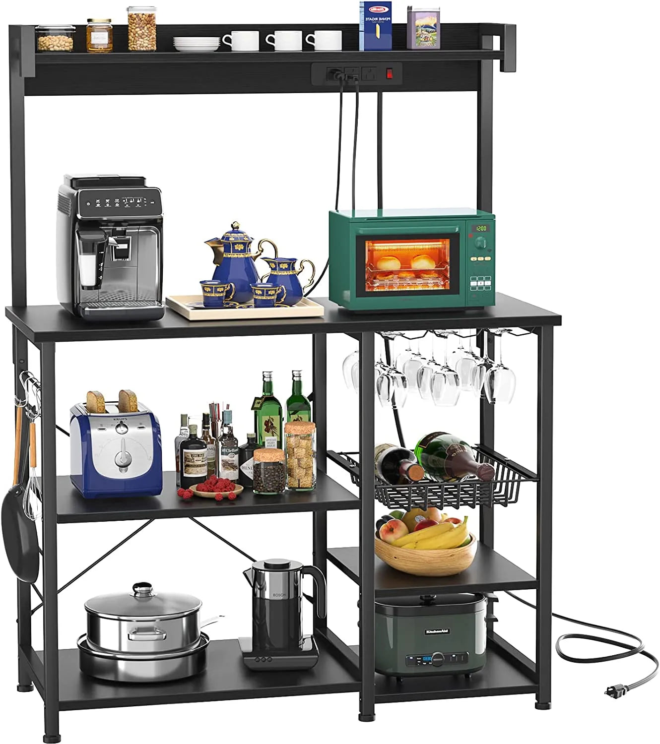 Bakers Rack with Power Outlet, Microwave Stand, Kitchen Storage Shelf with Wire Basket, Coffee Bar Station with Wine Glass Holder, 35.4" Kitchen Rack for Spices, Pots, and Pans