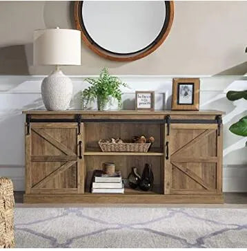 BELLEZE Modern Farmhouse TV Stand & Media Entertainment Center Console Table for TVs up to 65 Inch with Sliding Barn Door and Storage Cabinets - Truman (Stone Grey)
