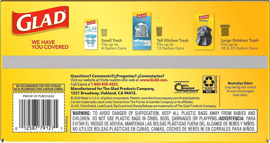 Glad Protection Series Force Flex Drawstring Fresh Clean Odor Shield 13 Gallon 1/110ct