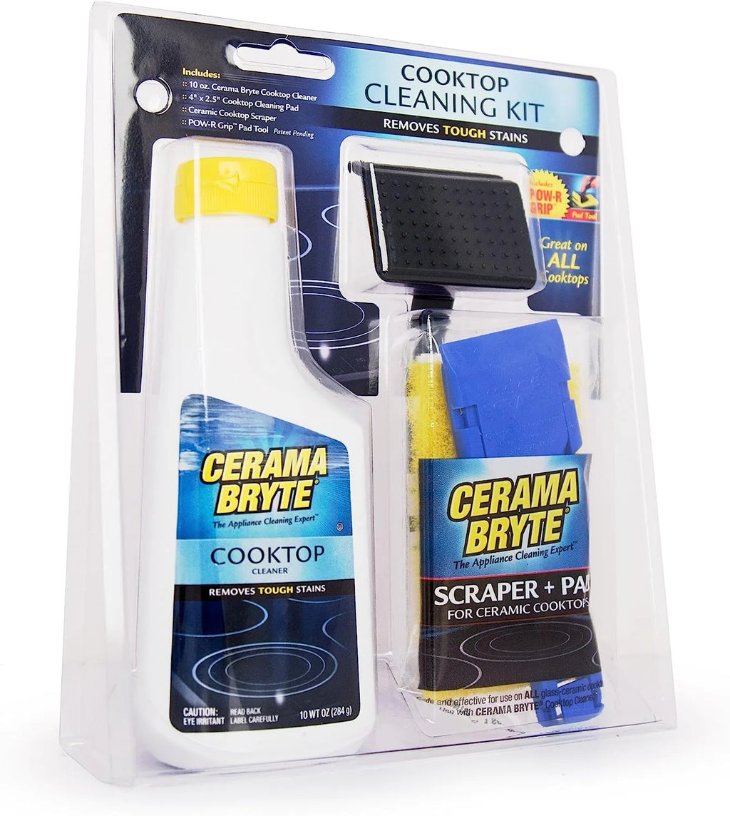 Cerama Bryte Combo Kit POW-R Grip, Scraper, Pad & Removes Tough Stains Cooktop and Stove Top Cleaner for Glass - Ceramic Surfaces, 10 Ounces, 4 Piece