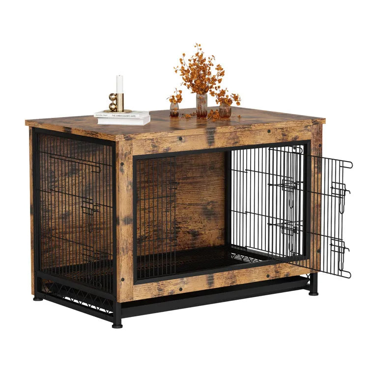 Industrial Style Rustic Brown Wooden Dog Kennel With Three Doors, Indoor Pet Furniture Dog Crate End Table