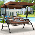 AECOJOY 3-Seat Proch Swing Chair, Patio Swing with Canopy, 2 Side Trays, 3 Pillows & Removable Cushion, Patio Wicker Swing with Stand Outdoor Swings for Adults, Balcony, Garden, Deck(Brown Rattan)