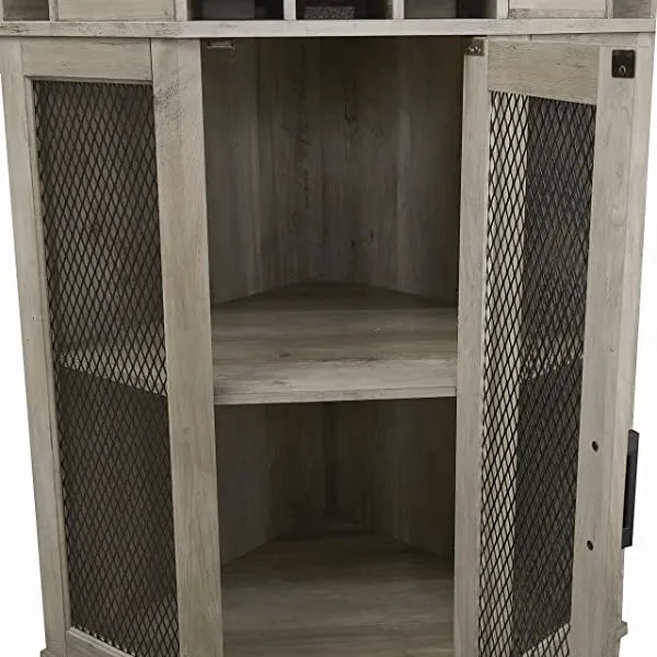 Home Source Stone Grey Corner Bar Unit with Built-in Wine Rack and Lower Cabinet