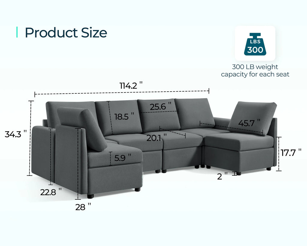 LINSY HOME Modular Couches and Sofas Sectional with Storage Sectional Sofa U Shaped Sectional Couch with Reversible Chaises, Dark Gray