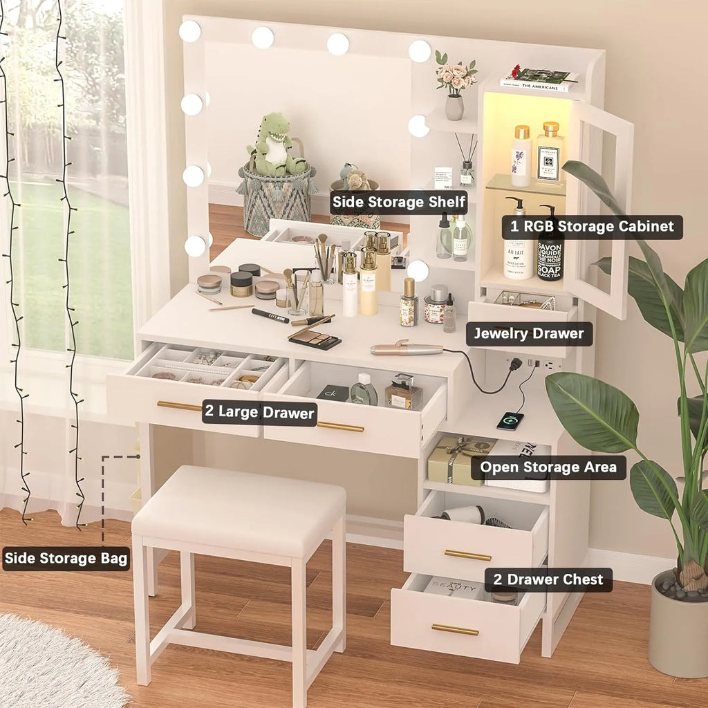 Makeup Vanity Desk with Mirror and Lights, White Vanity Table Set with Charging Station, LED Cabinet, 5 Drawers & Side Storage Bag, 3 Lighting Modes, Bedroom with Chair