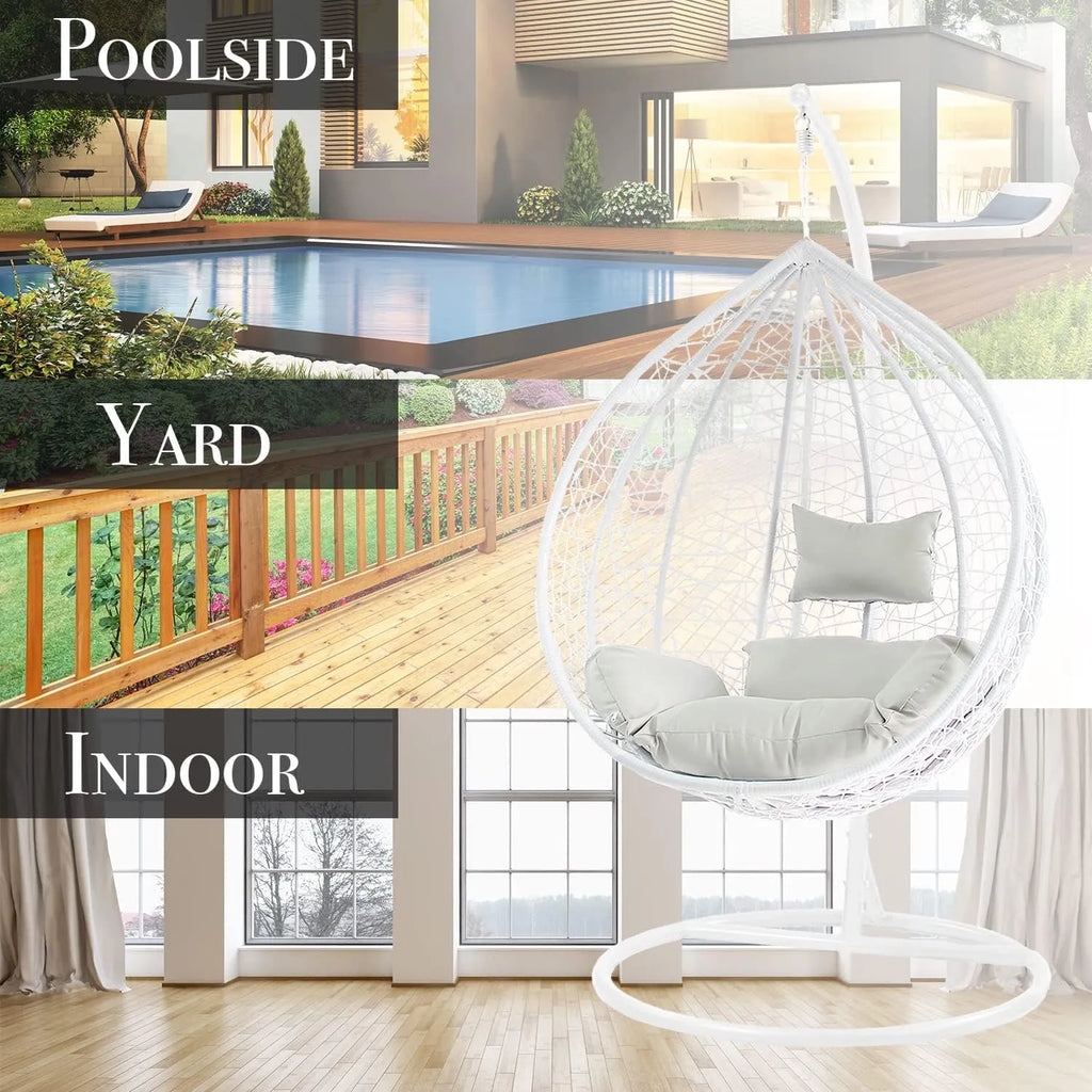 J.M.Deco Porch Swing Chair with Stand, Cushion & Pillow, Goldden Egg Rattan Wicker Swing Hanging Chair, Hammock Chair for Indoor, Outdoor, Garden, Backyard & Patio