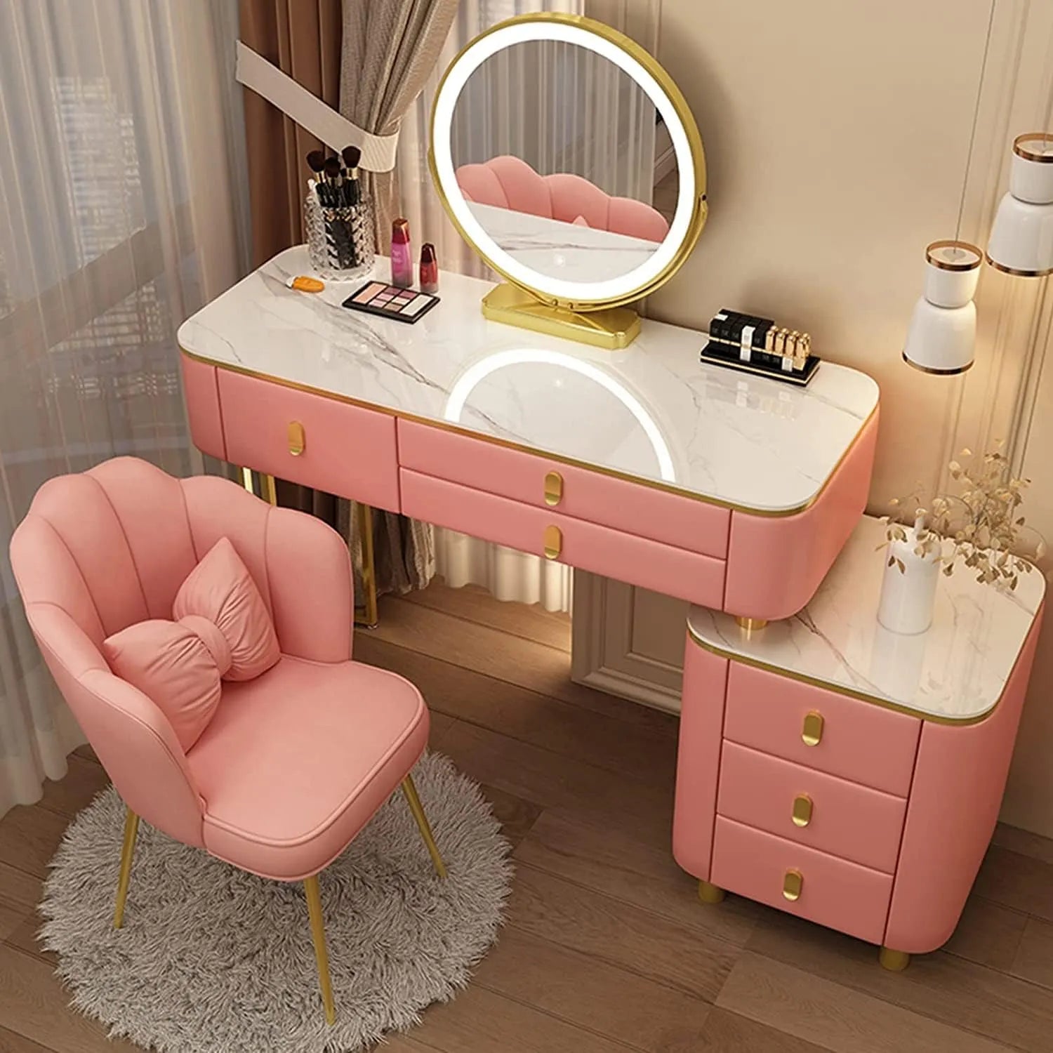BUJOG Dressing Table with Lighted Mirror, Dressing Table with Padded Stool and 6 Drawers, Dressing Table Set with 3 Colour Lighting Modes, Storage Shelves for Girls and Women Bedrooms