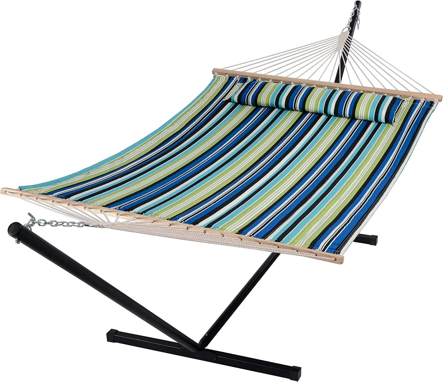 55 Inch Extra Large Double Hammock with Stand, 475lbs Capacity, Outdoor Portable Hammock with Hardwood Spreader Bar, Extra Large Pillow