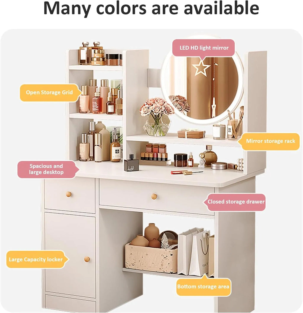 Makeup Vanity - Vanity Table with Three Adjustable Mirror Lightings, Added Storage Shelf, Multiple Chairs, Makeup Table for Bedroom