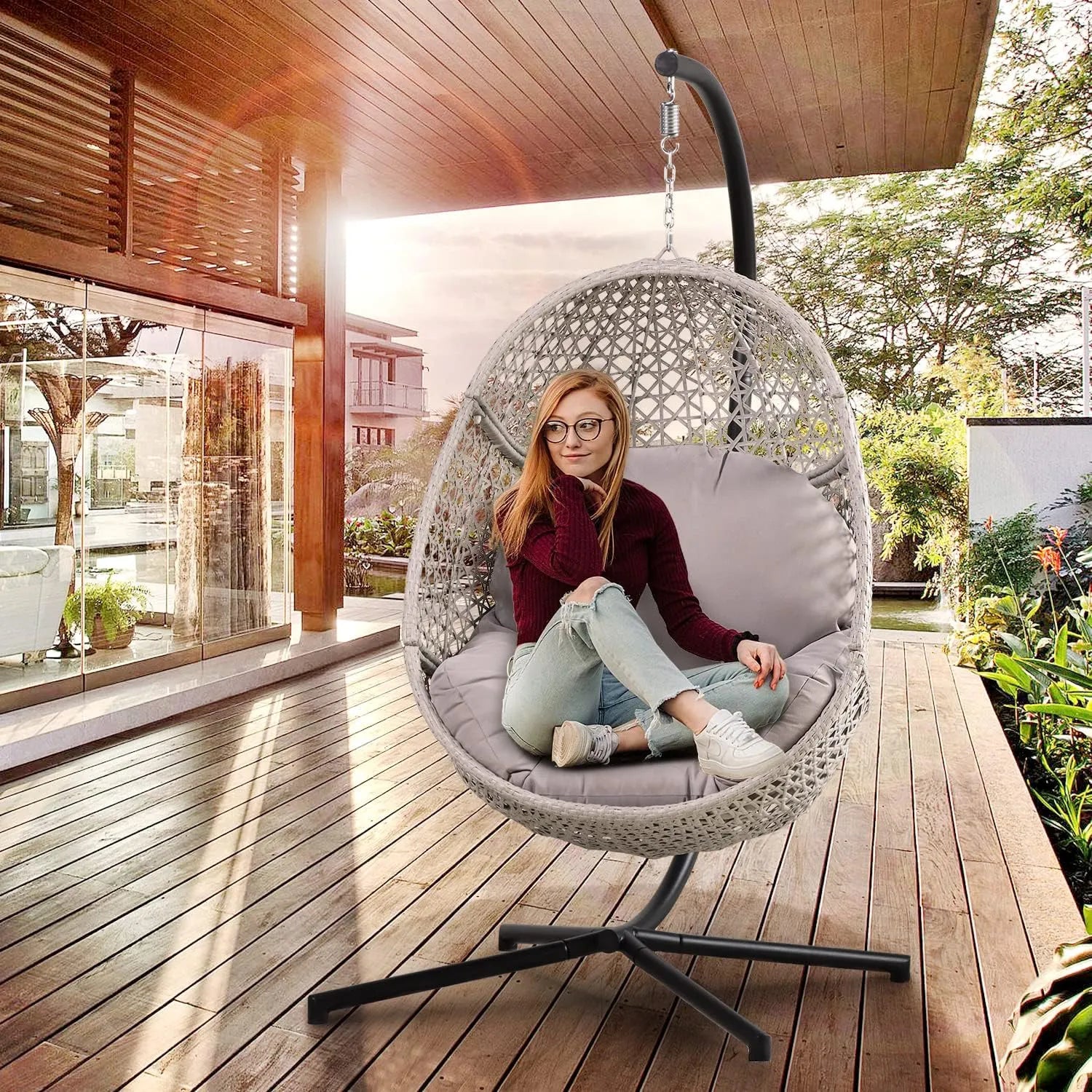 PRIVATE GARDEN Large Hanging Egg Chair with Stand Upgraded Wicker Egg Swing Chair Outdoor Indoor PE Rattan Hanging Chair with Grey Comfort Cushion Heavy Duty C-Stand