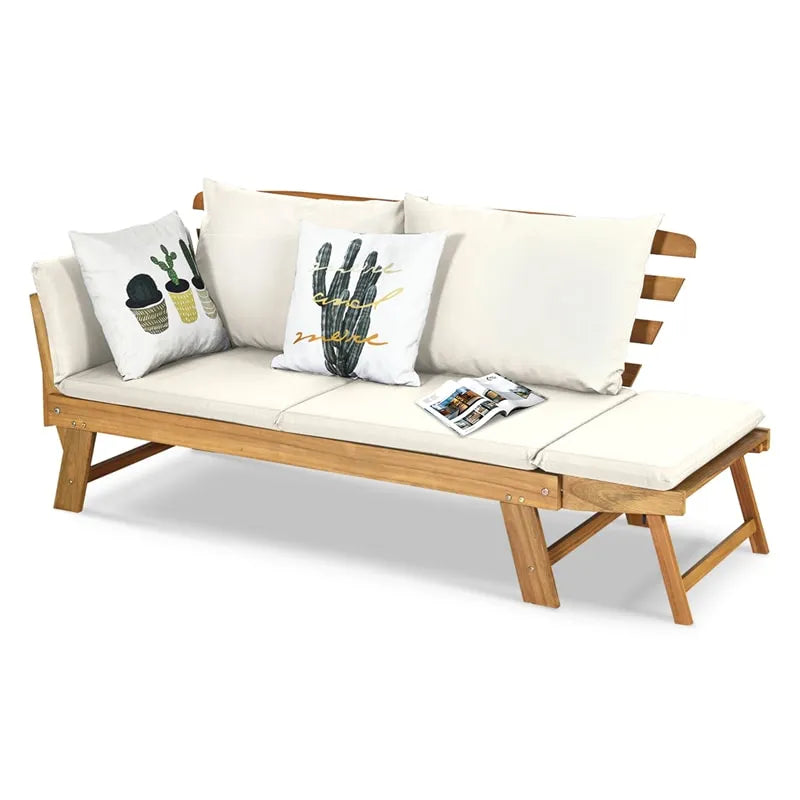 Outdoor Daybed Acacia Wood Convertible Couch Sofa Bed with Adjustable Armrest & Cushion
