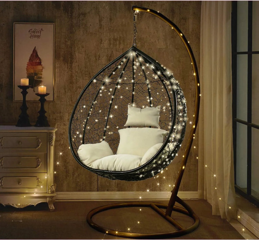 J.M.Deco Porch Swing Chair with Stand, Cushion & Pillow, Goldden Egg Rattan Wicker Swing Hanging Chair, Hammock Chair for Indoor, Outdoor, Garden, Backyard & Patio