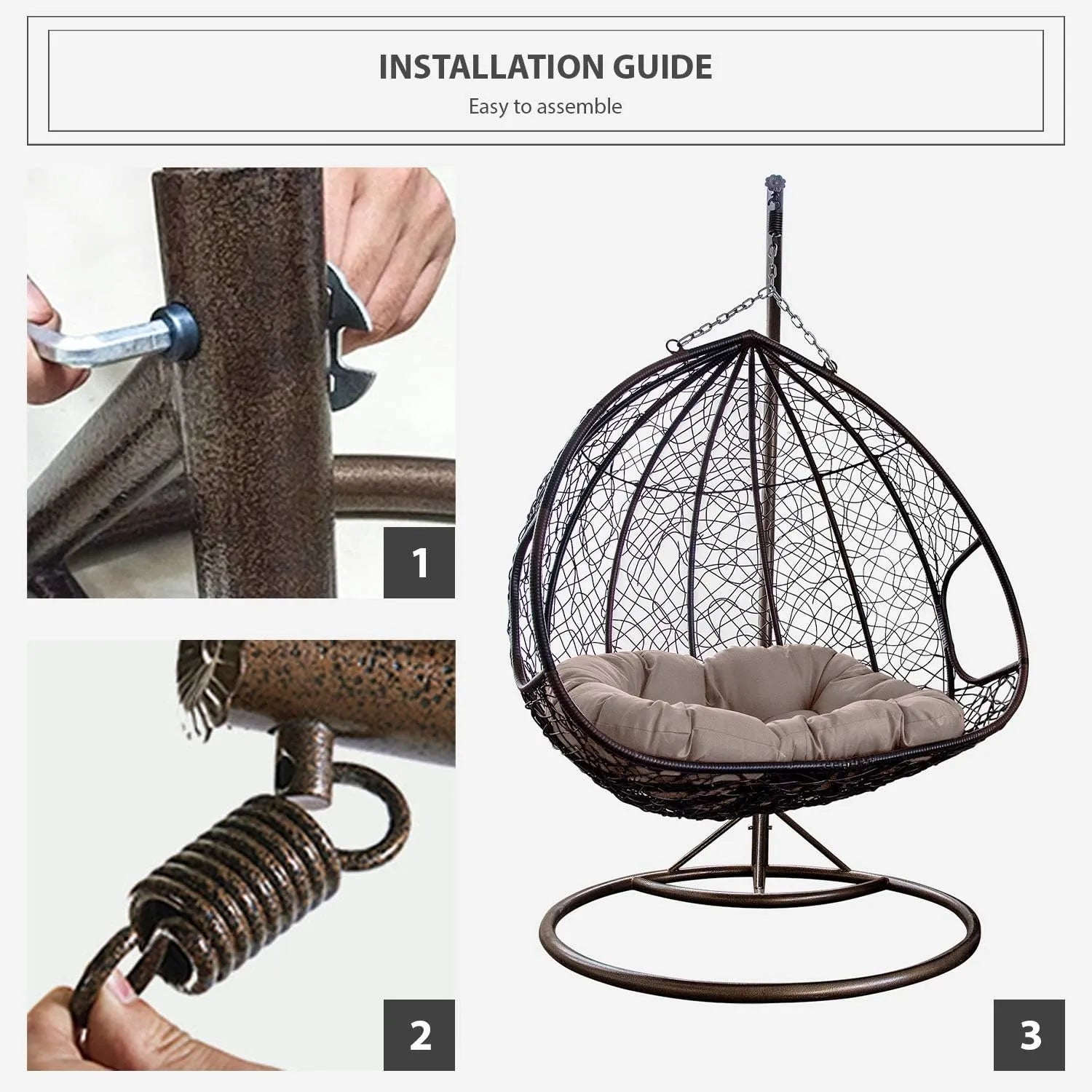 J.M.Deco Porch Swing Chair with Stand, Cushion & Pillow, Goldden Egg Rattan Wicker Swing Hanging Chair, Hammock Chair for Indoor, Outdoor, Garden, Backyard & Patio