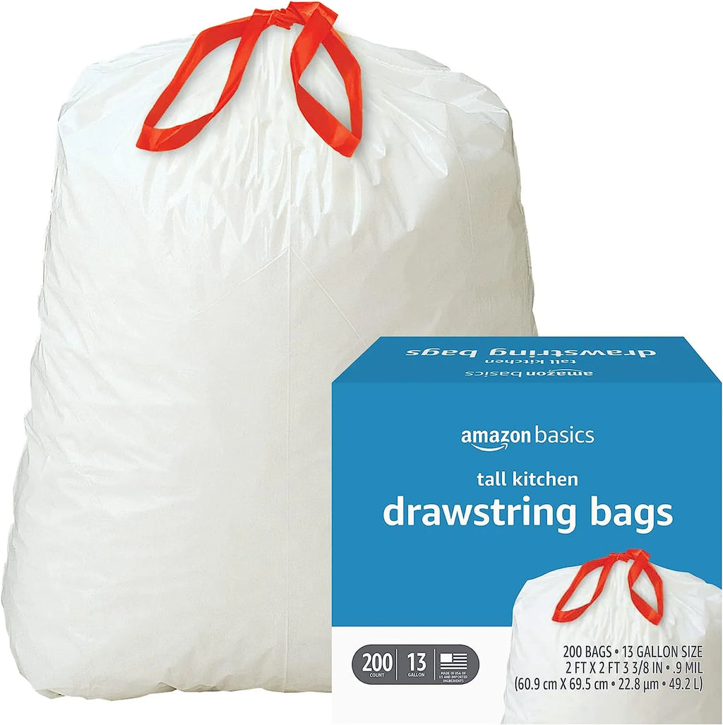 Amazon Basics Tall Kitchen Drawstring Trash Bags, 13 Gallon, Unscented, 120 Count (Previously Solimo)