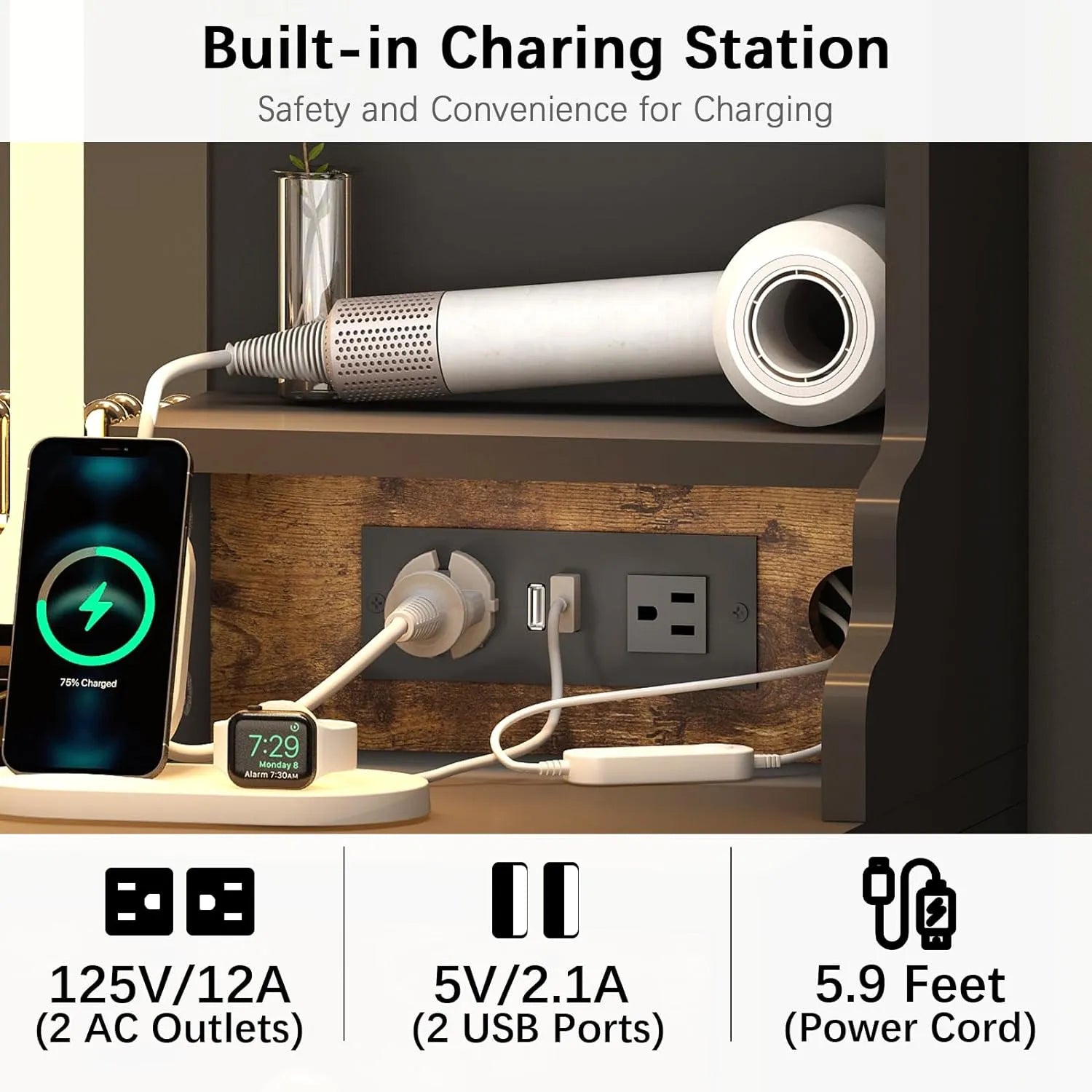 Dnxao Large Make up Vanity Desk with Mirror and Lights,3 Lights Mode and Brightness Adjusted by Touch Button, Built-in Power Strip and 6 Drawers,4 cabinets,2 cabinets with RGB Lights
