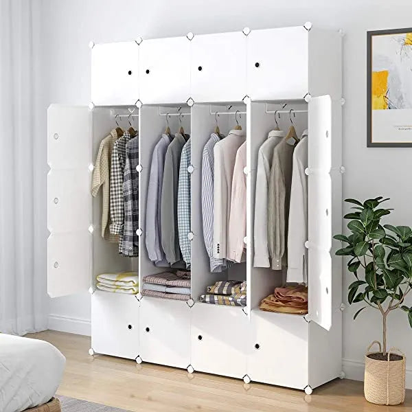 Aeitc Portable Wardrobe Closets 14"x18" Depth Cube Storage, Bedroom Armoire, Storage Organizer with Doors, 12 Cubes, White