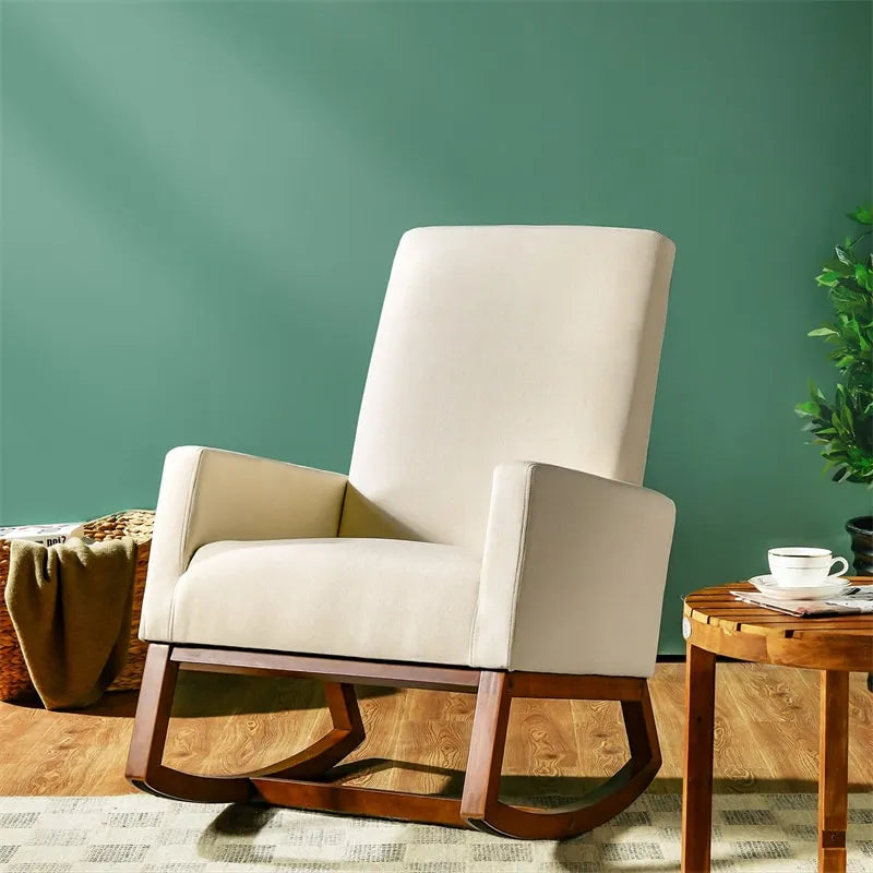 Upholstered Rocking Chair High Back Glider Rocker Chair Mid-Century Nursery Chair Modern Fabric Armchair with Wood Base