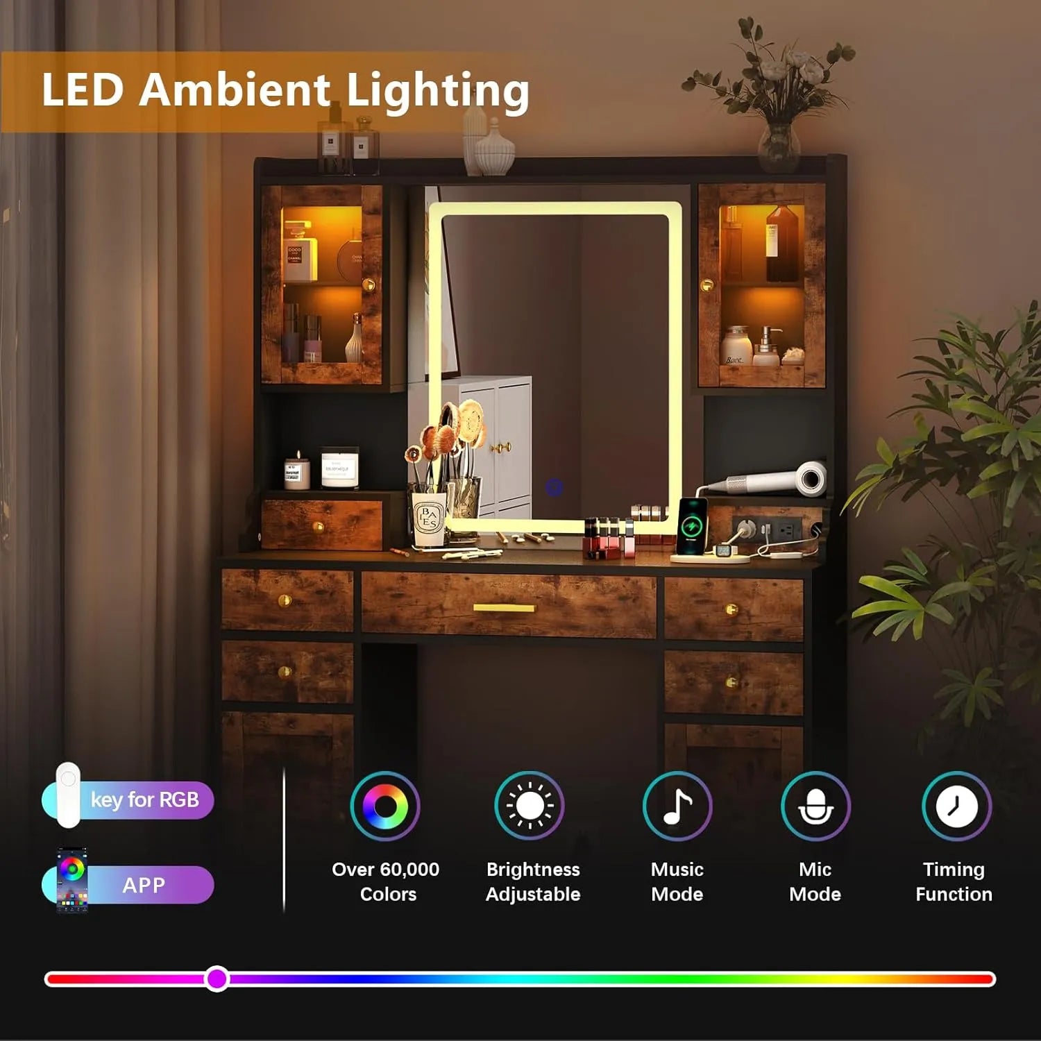 Dnxao Large Make up Vanity Desk with Mirror and Lights,3 Lights Mode and Brightness Adjusted by Touch Button, Built-in Power Strip and 6 Drawers,4 cabinets,2 cabinets with RGB Lights