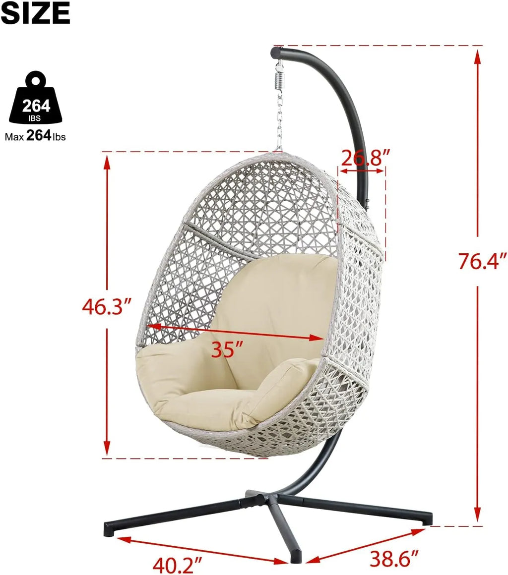 PRIVATE GARDEN Large Hanging Egg Chair with Stand Upgraded Wicker Egg Swing Chair Outdoor Indoor PE Rattan Hanging Chair with Grey Comfort Cushion Heavy Duty C-Stand