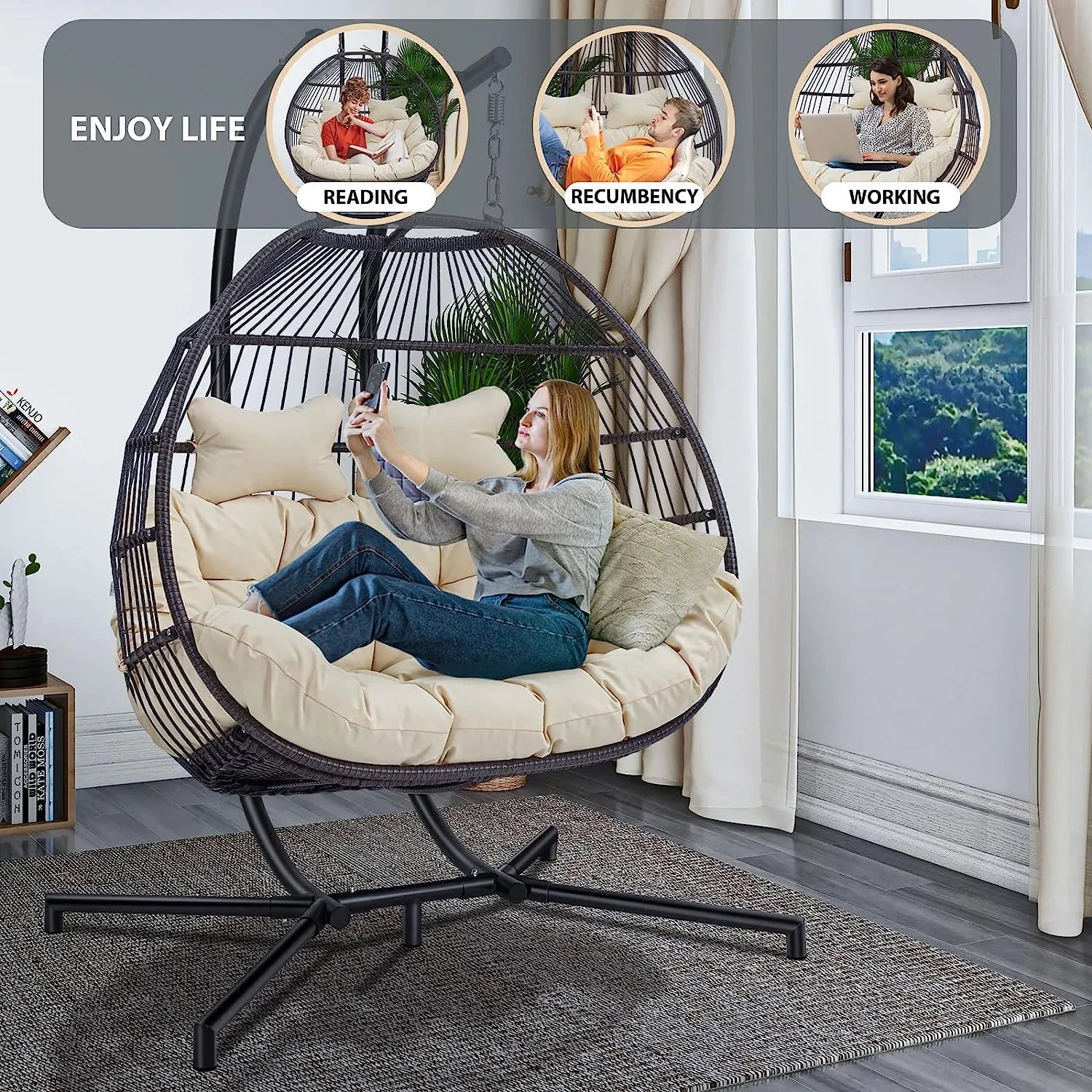 JOYBASE Hanging Egg Chair with Stand, Outdoor Wicker Rattan Egg Swing Chair with Stand and Cushion for Indoor Outdoor Bedroom Patio Garden (Grey/Black)