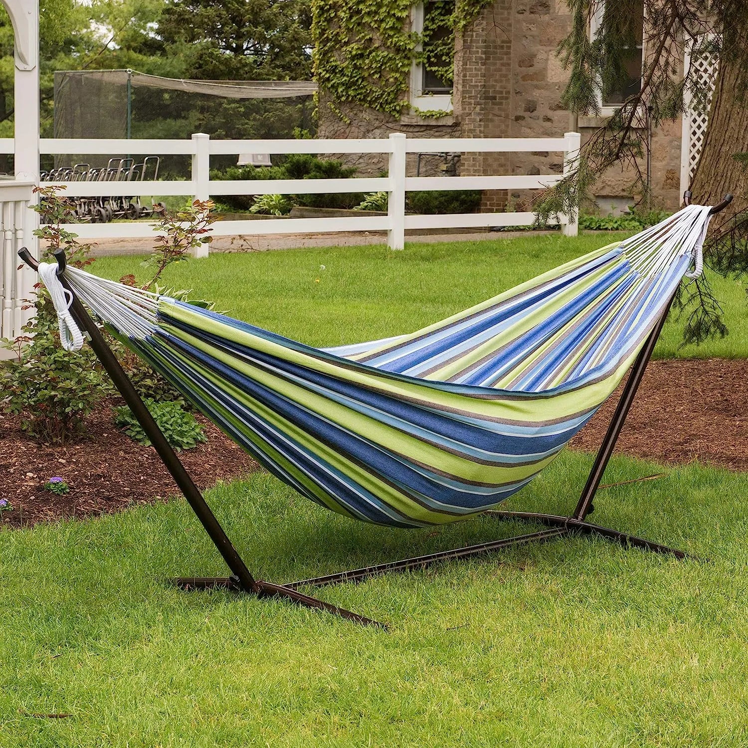 Double Cotton Hammock with Space Saving Steel Stand, Tropical (450 lb Capacity - Premium Carry Bag Included)