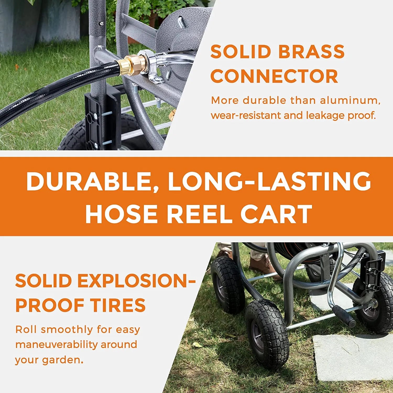 Hose Reel Cart, Hose Reel Cart with Wheels Heavy Duty, Industrial Hose Reels for Outside, 250-Feet of 5/8" Hose Capacity, Hose Guide Installed