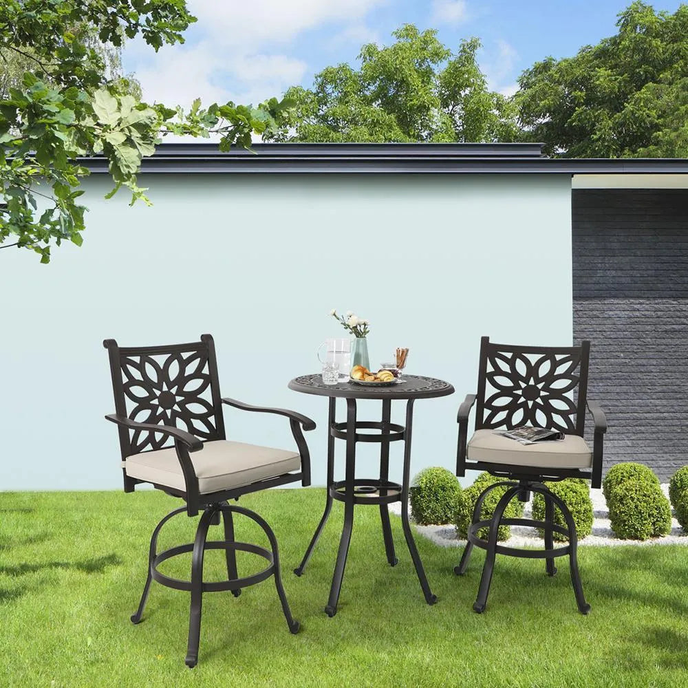 Cast Aluminum Patio Outdoor Pub Height Swivel Bistro Bar Stools Chairs & Table
