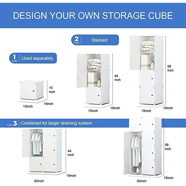 Aeitc Portable Wardrobe Closets 14"x18" Depth Cube Storage, Bedroom Armoire, Storage Organizer with Doors, 12 Cubes, White