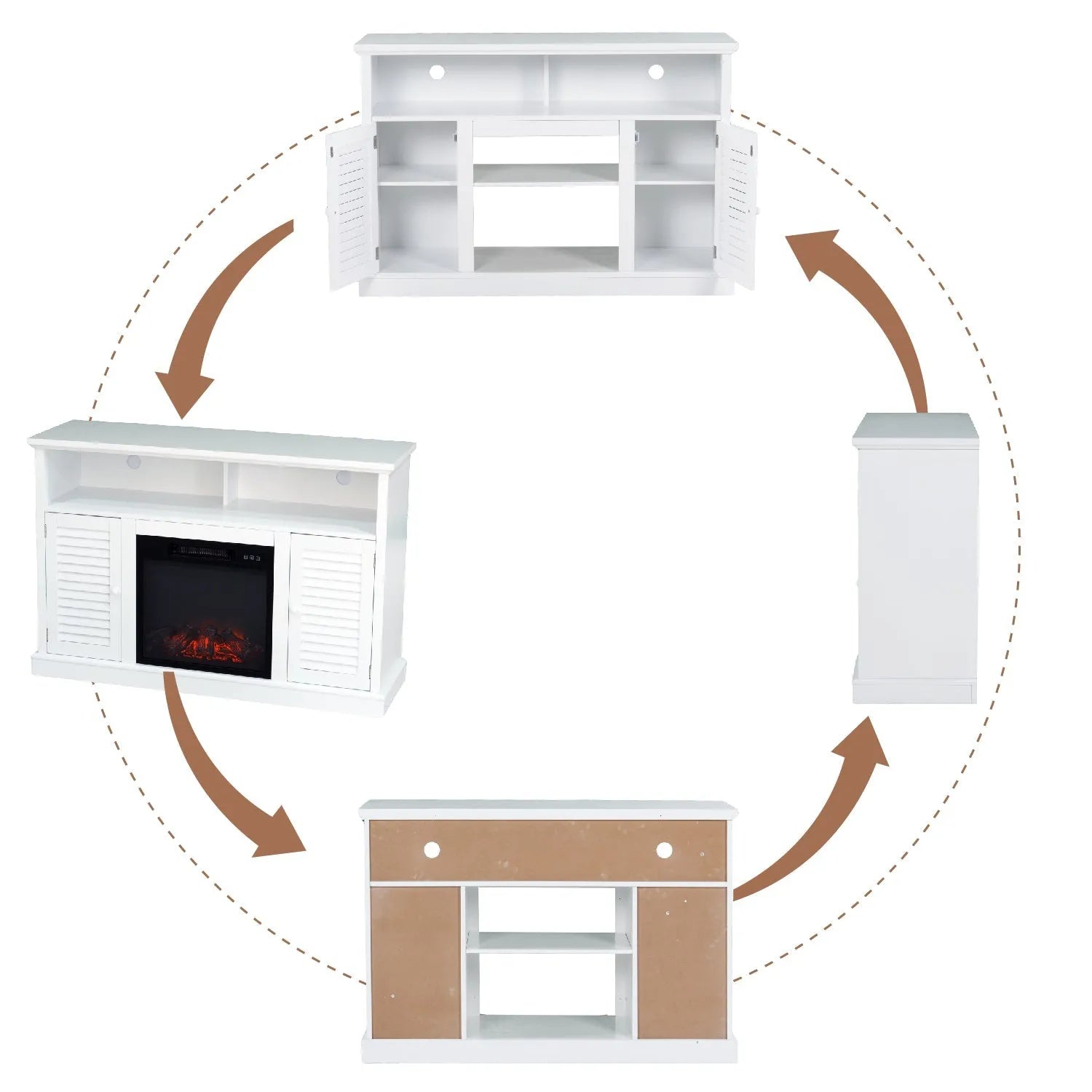 47" 1400W Electric Fireplace TV Stand Heater with Built-In Bookshelves and Cupboards - White