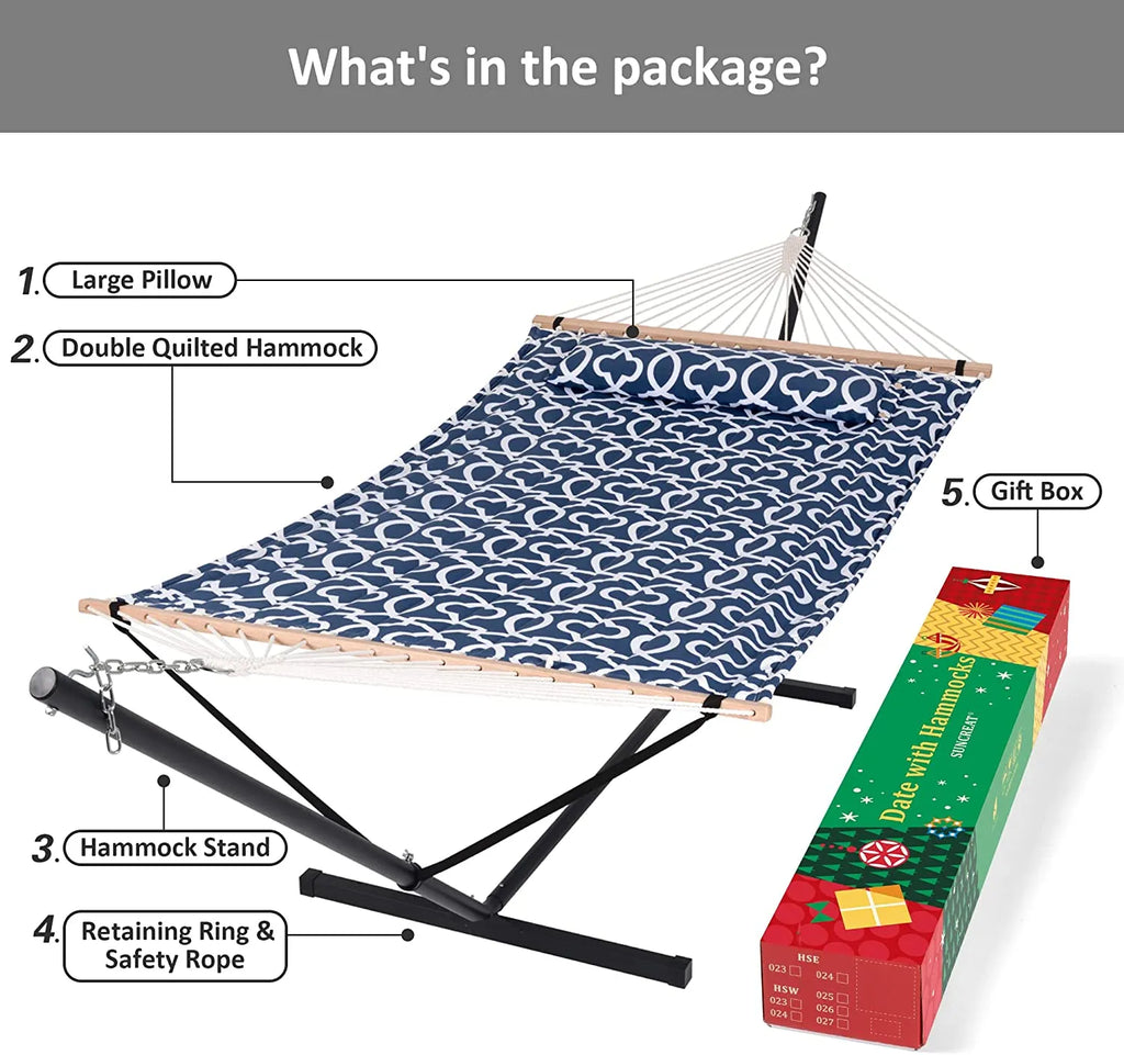 55 Inch Extra Large Double Hammock with Stand, 475lbs Capacity, Outdoor Portable Hammock with Hardwood Spreader Bar, Extra Large Pillow