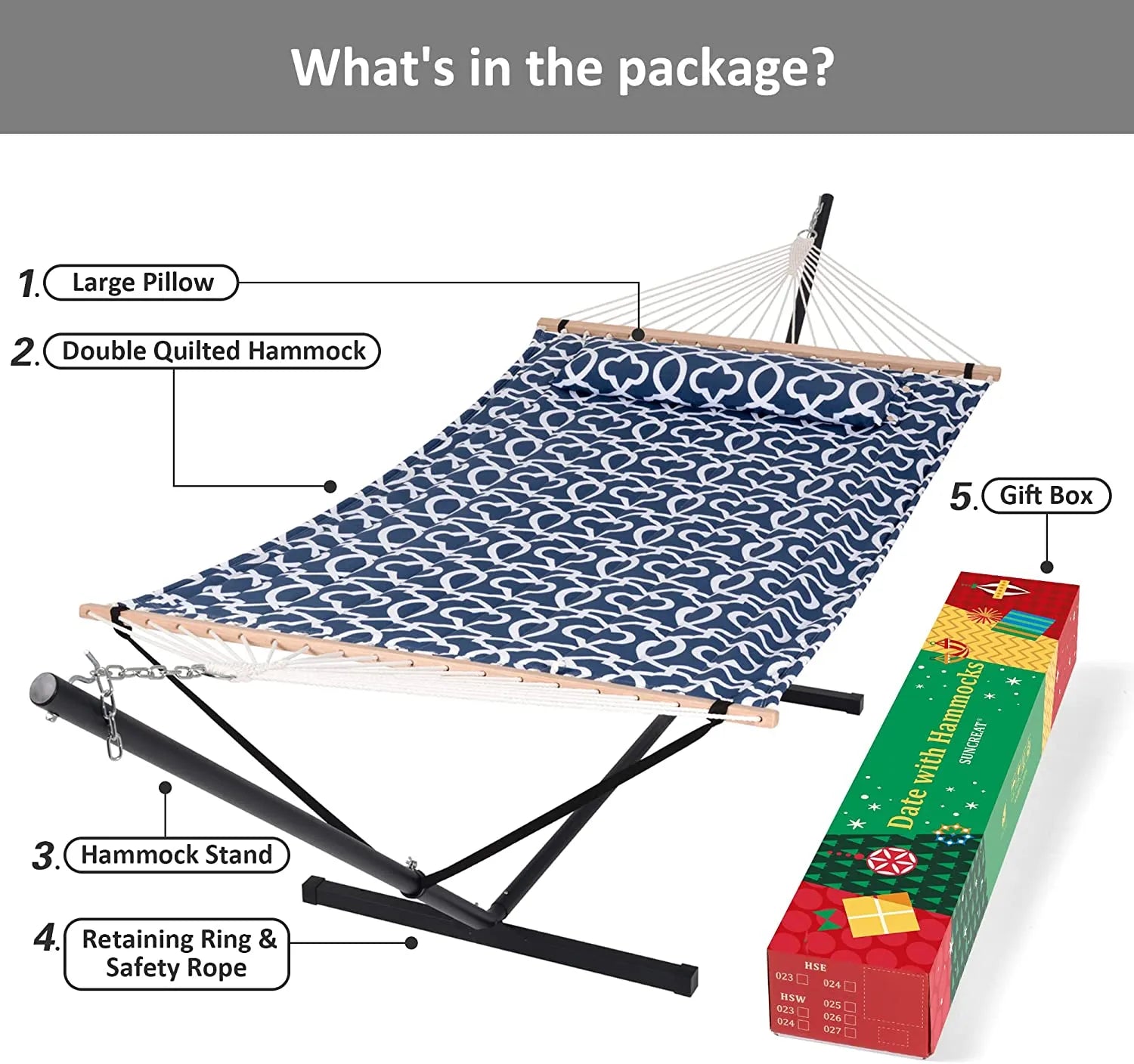 55 Inch Extra Large Double Hammock with Stand, 475lbs Capacity, Outdoor Portable Hammock with Hardwood Spreader Bar, Extra Large Pillow