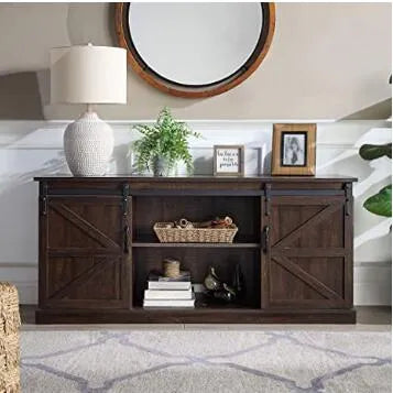 BELLEZE Modern Farmhouse TV Stand & Media Entertainment Center Console Table for TVs up to 65 Inch with Sliding Barn Door and Storage Cabinets - Truman (Stone Grey)