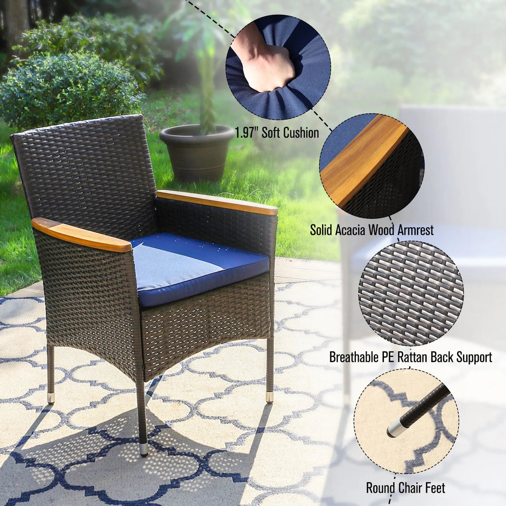 6 Piece Outdoor Dining Set with Acacia Wood Table & Wooden Bench and 4 Cushioned Rattan Wicker Chairs