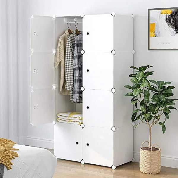 Aeitc Portable Wardrobe Closets 14"x18" Depth Cube Storage, Bedroom Armoire, Storage Organizer with Doors, 12 Cubes, White