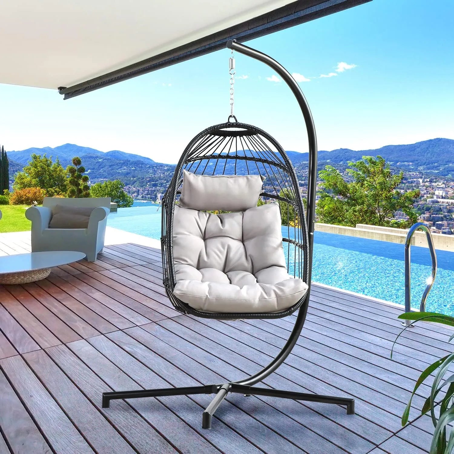 PRIVATE GARDEN Large Hanging Egg Chair with Stand Upgraded Wicker Egg Swing Chair Outdoor Indoor PE Rattan Hanging Chair with Grey Comfort Cushion Heavy Duty C-Stand