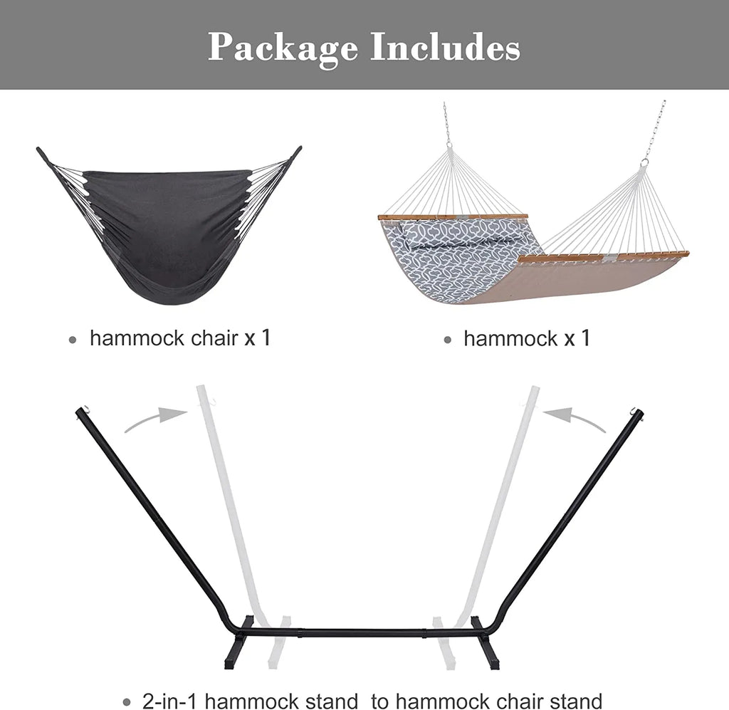 55 Inch Extra Large Double Hammock with Stand, 475lbs Capacity, Outdoor Portable Hammock with Hardwood Spreader Bar, Extra Large Pillow