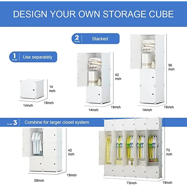 Aeitc Portable Wardrobe Closets 14"x18" Depth Cube Storage, Bedroom Armoire, Storage Organizer with Doors, 12 Cubes, White