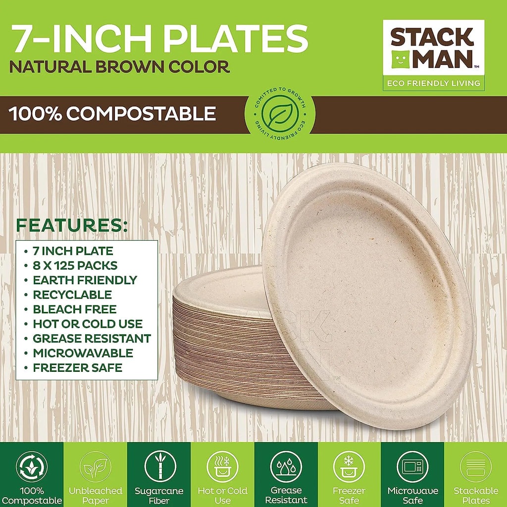 100% Compostable Paper Plates 9 Inch [500 Count] Heavy-Duty Dinner Plates - Natural Brown Color Unbleached Bagasse - Eco-Friendly Disposable Biodegradable Sugarcane Plates - [Bulk Case 4/125 Pack]