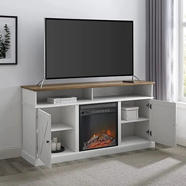 Walker Edison Richmond modern farmhouse sliding barn door TV stand for up to 52 inches, white and rustic oak white without fireplace 52 inches TV